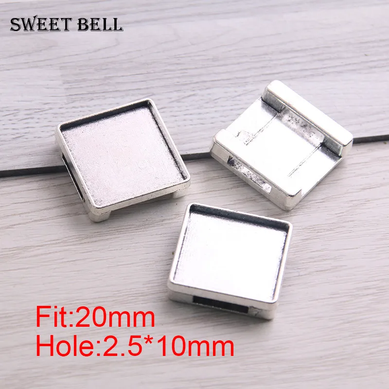 15pcs square leather slider beads two color blank 20mm cabochon setting diy bracelets making supplies hole 2.5*10mm D6425 | Украшения и