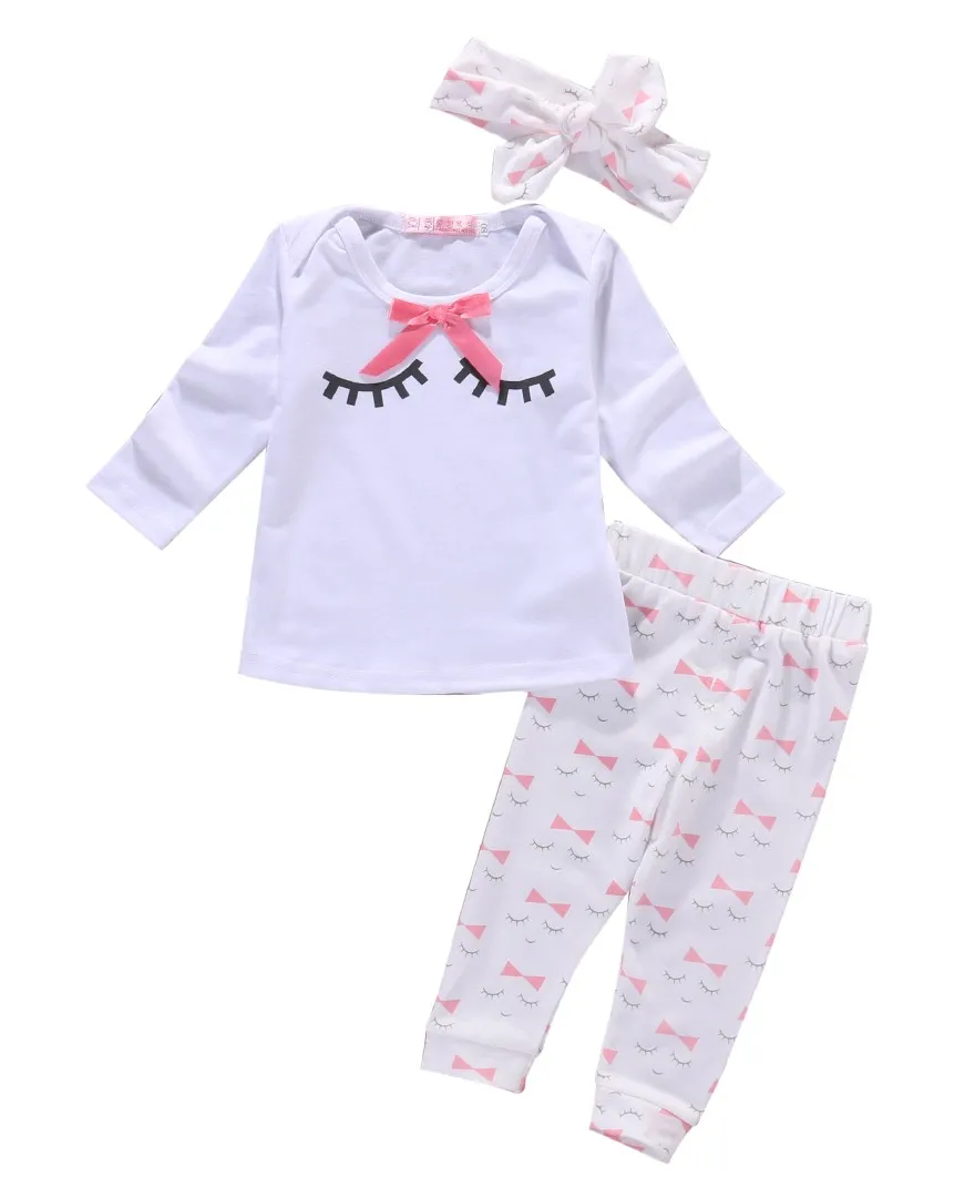 Newborn Baby girls suit girls' Eyelashes printed T-Shirt+ Pants+Headband baby girl 3 pieces suit Infant girls clothing outfits