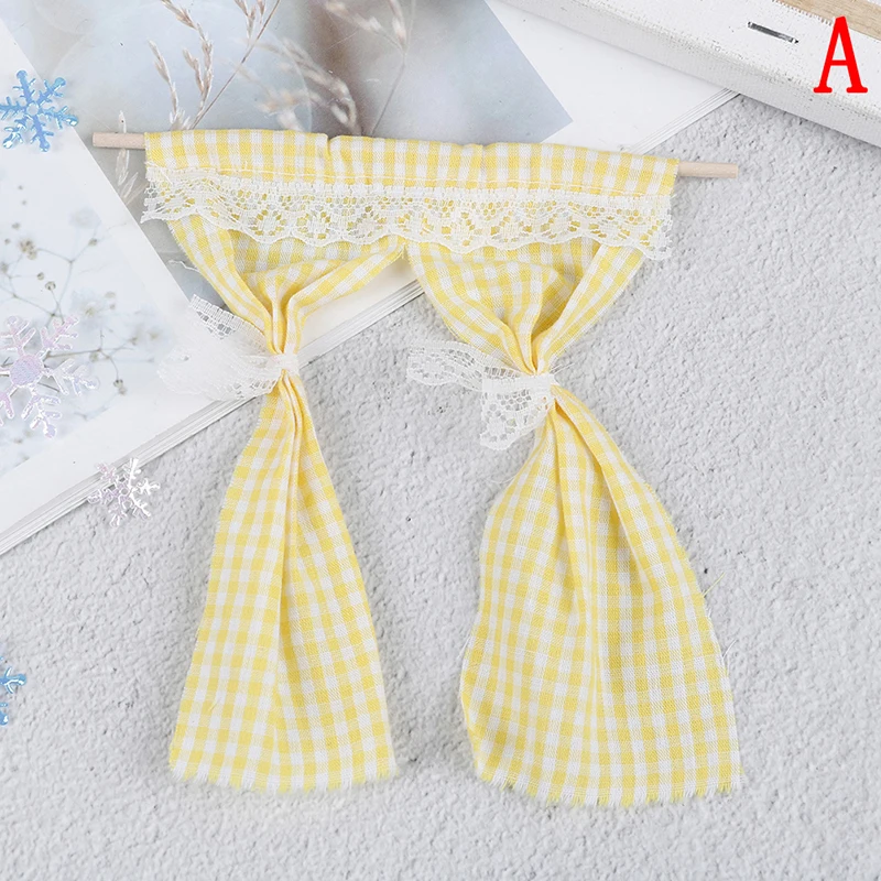 

1 Pcs Dollhouse Miniatures Cute Lattice and Lace Cotton Curtain for 1/12 Scale Dolls House Bedroom Furniture Decor