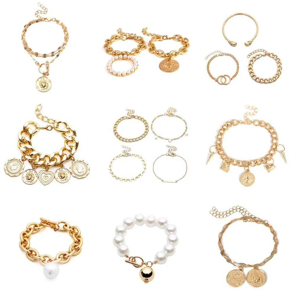 

Statement Jewelry Fashion Gold Color Bracelets Heart Skull Pearl Carved Head Coin Bracelets For Women Engagement Party Gift