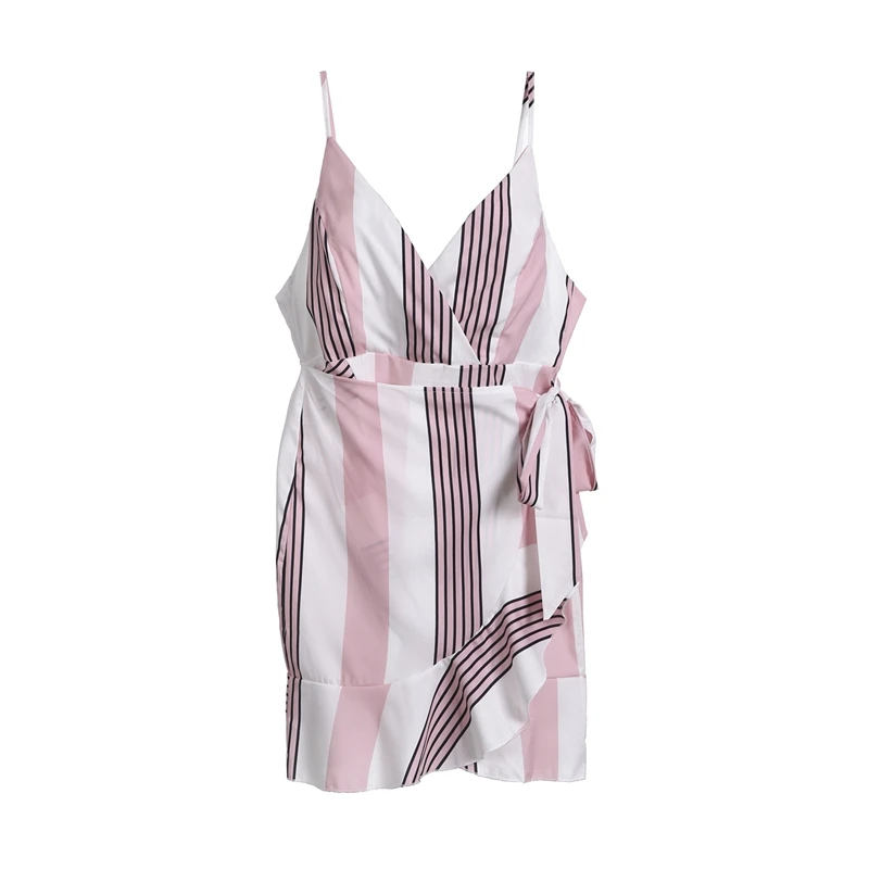 Женское мини платье в полоску летнее пляжное с v образным вырезом и оборками лето