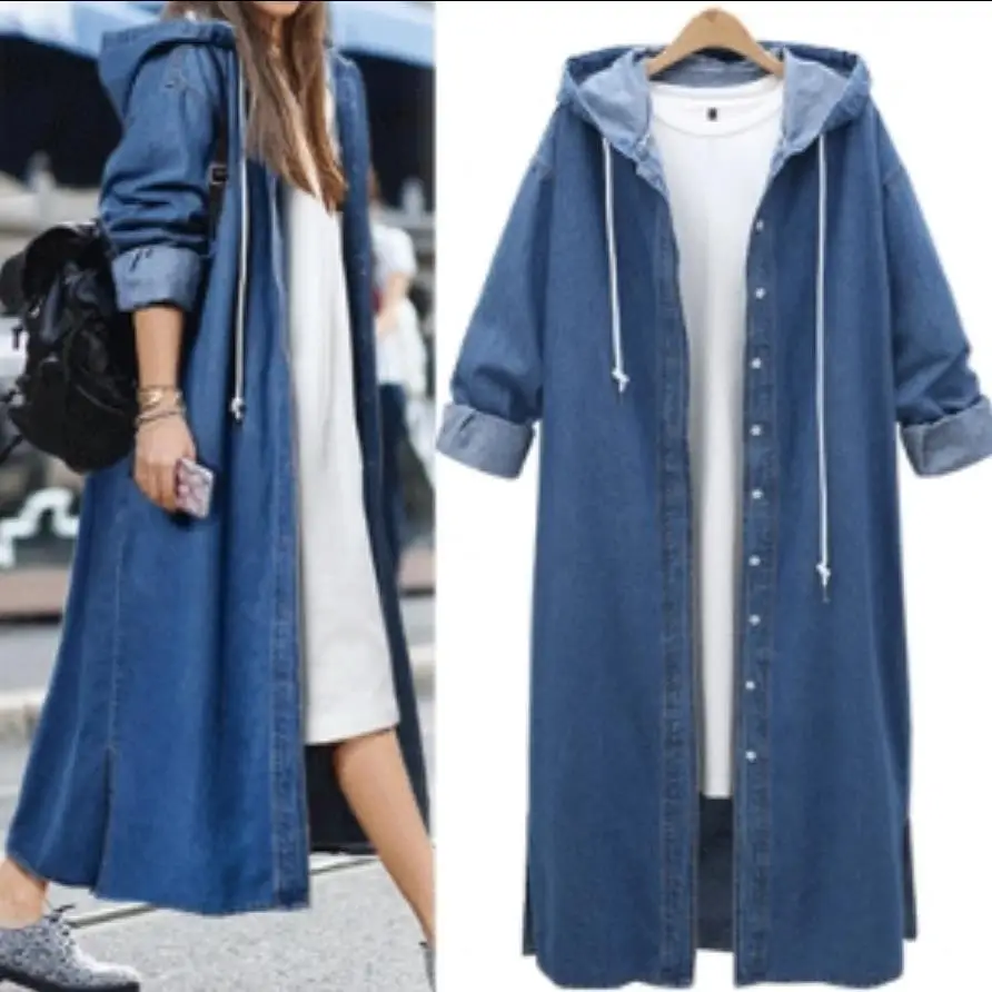 Женская джинсовая куртка с длинным рукавом свободного покроя|long denim coat|denim long