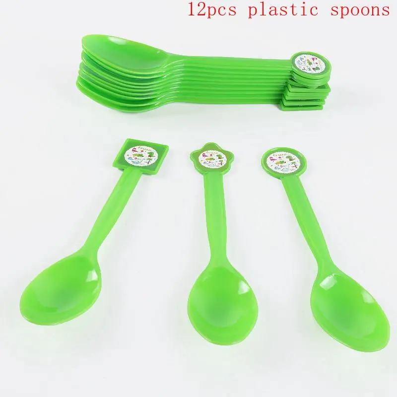 12pcs plastic spoons Вечерние столовые приборы с рисунком динозавра, одноразовые бумажные тарелки, чашки, скатерть, Топпер для торта, с днем рождения, товары для мальчиков - Цвет: 12pcs plastic spoons