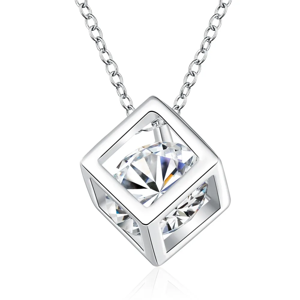 

Wholesales Jewelry 925 Sterling Silver Necklaces Square Pendant Cubic Zirconia CZ 18" Chain Women Girl Summer Jewelry