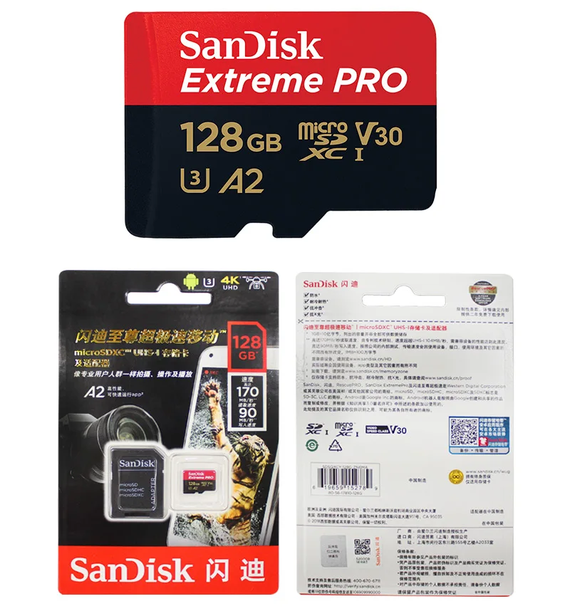 sandisk Extreme Pro Micro SD Card до 170 МБ/с. A2 V30 U3 C10 64 Гб 128 ГБ microSDXC TF карта, карта памяти Micro SD с адаптером SD