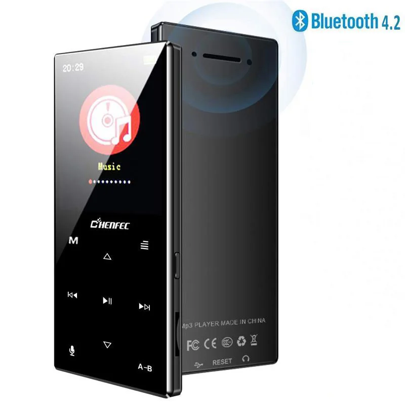 MP3 Player Bluetooth 4.2 Zinc Alloy Touch Button Sports Music Player Built-in Speaker HiFi Sound with FM, Expand 128GB SD Card