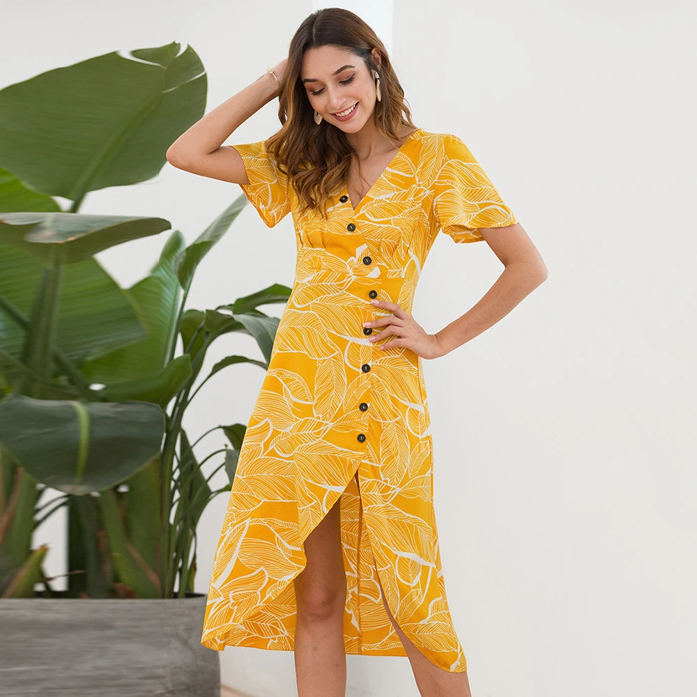 2019 Sundress Ladies Holiday Summer Dress V Neck Casual Short Sleeves Beach Buttons Slim Dresses | Женская одежда