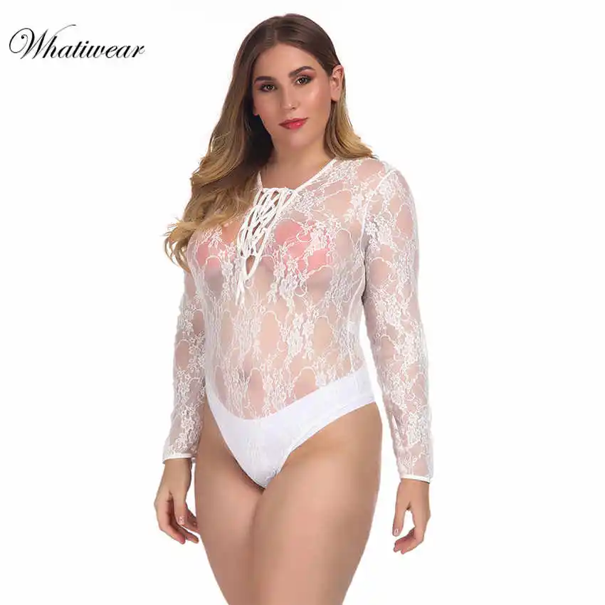 Whatiwear плюс размер с длинным рукавом Кружевное боди прозрачное женское тело Горячая сексуальная teddies Комбинезоны женские прозрачные bod - Цвет: White