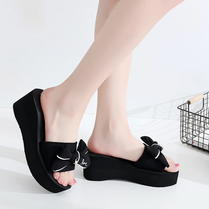 

Cotton Cloth Bow-knot high-heels Slippers lady Comfortable leisure Wedge Sandals Woman Summer Popular Waterproof Platform Shoes