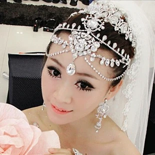 

Luxury rhinestone waterdrops head chain big forehead chain headband brides tiara wedding hair accessories