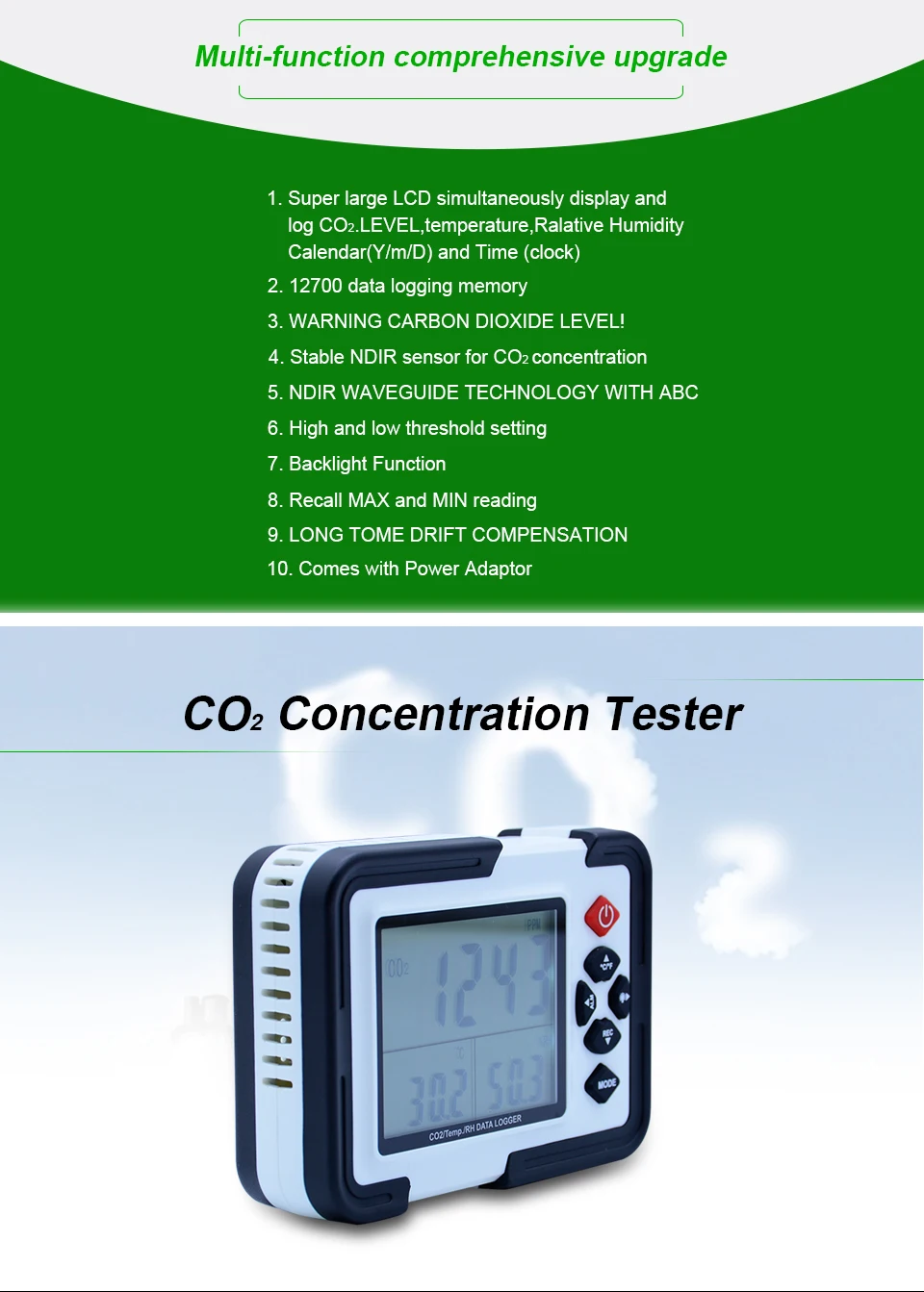 HT-2000 цифровой CO2 метр CO2 монитор детектор газоанализатора 9999ppm CO2 анализаторы Температура относительная влажность тестер