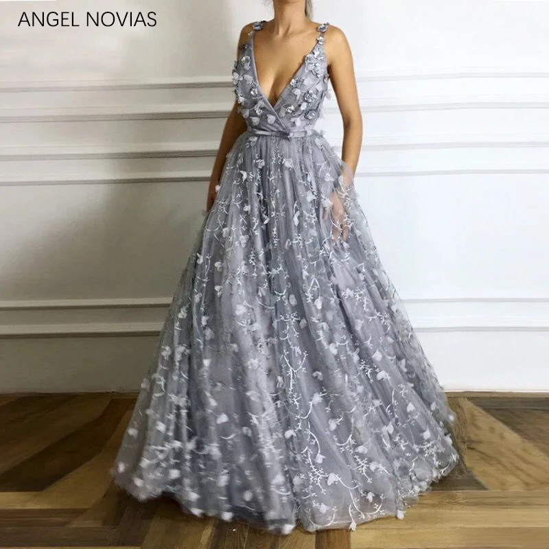 ANGEL NOVIAS Abendkleider длинные с v-образным вырезом 3D цветы арабские вечерние платья кружевные вечерние женские платья
