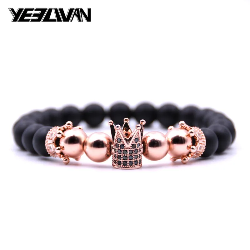 Trendy Rose/Gold/Black Bracelet Lava Stone Pave CZ Imperial Crown And Helmet Charm For Men Or Women Pulseira hombres | Украшения и