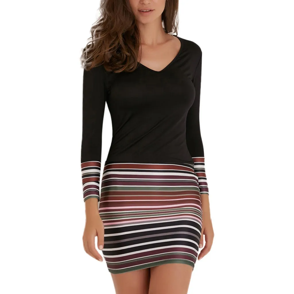 Женское платье в полоску с v образным вырезом и длинным рукавом вечерние платья M40