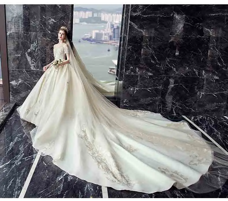 Custom Deluxe Champagne Evening Formal Dress Red Carpet Bridal Wedding Party Trailing Dress Ball Gown For Lady Plus Size 5XL - Цвет: Trailing Dress
