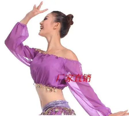 Purple Женские сексуальные аксессуары для танца живота, с блестками, с открытыми плечами, костюмы для танца живота, юбка, топ для танцев, бюстгальтер - Цвет: Purple