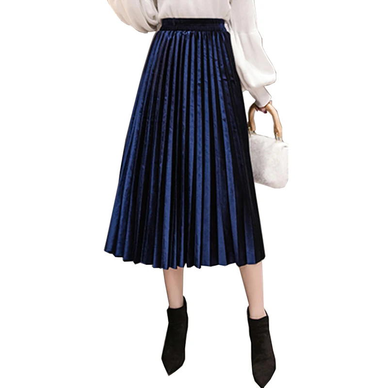 No.37 Navy blue Trytree летняя Осенняя плиссированная юбка женская винтажная юбка с высокой талией бархатная Вельветовая длинная юбка модная металлическая юбка женская - Цвет: No.37 Navy blue