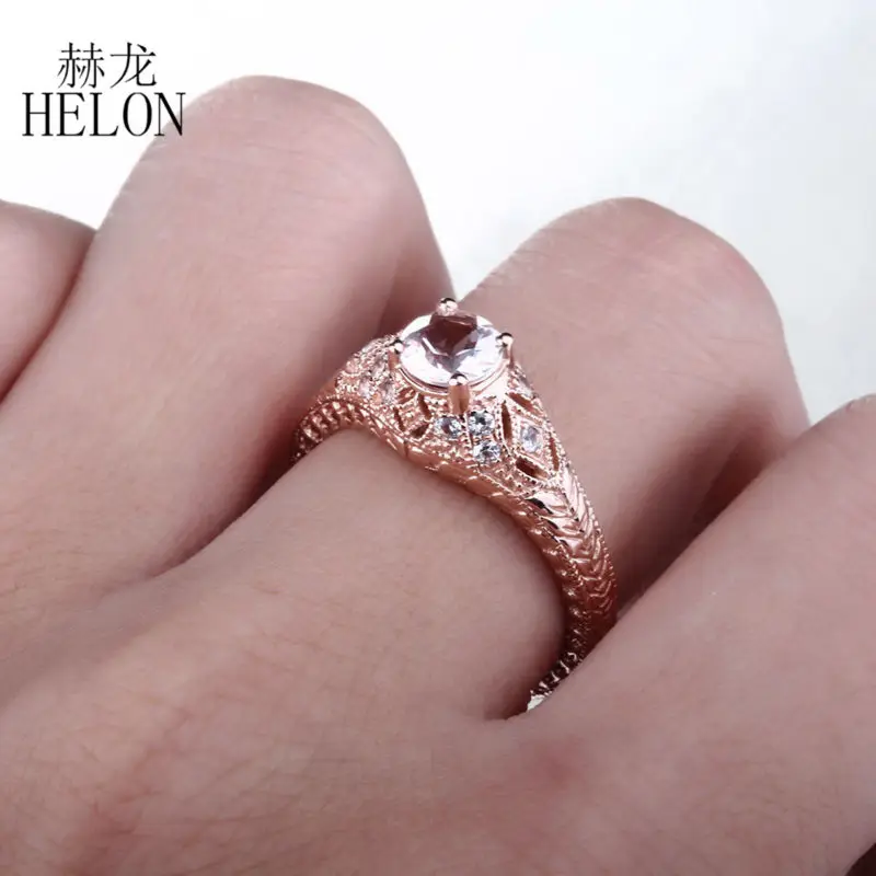 HELON Solid 14 K розовое золото безупречный круглый 0.7ct морганит натуральный 0.22ct Алмазы обручальные Обручальные кольца для женщин винтажные ювелирные изделия