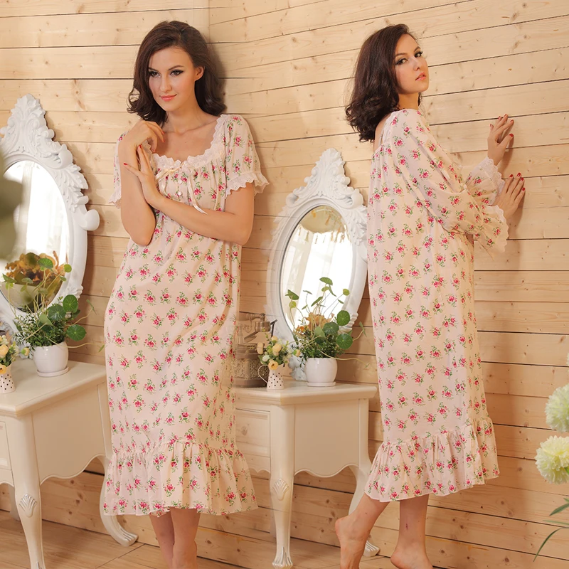 Короткий рукав Цветочный длинная ночная рубашка Хлопковые смеси милые пеньюар с цветочным принтом Винтаж Для женщин одежда для сна