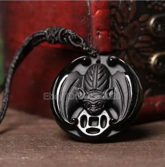 free shipping 100% Natural Black Obsidian Carved Chinese Bat Fu Lucky Pendant + Necklace gemstone fine jewelry | Украшения и