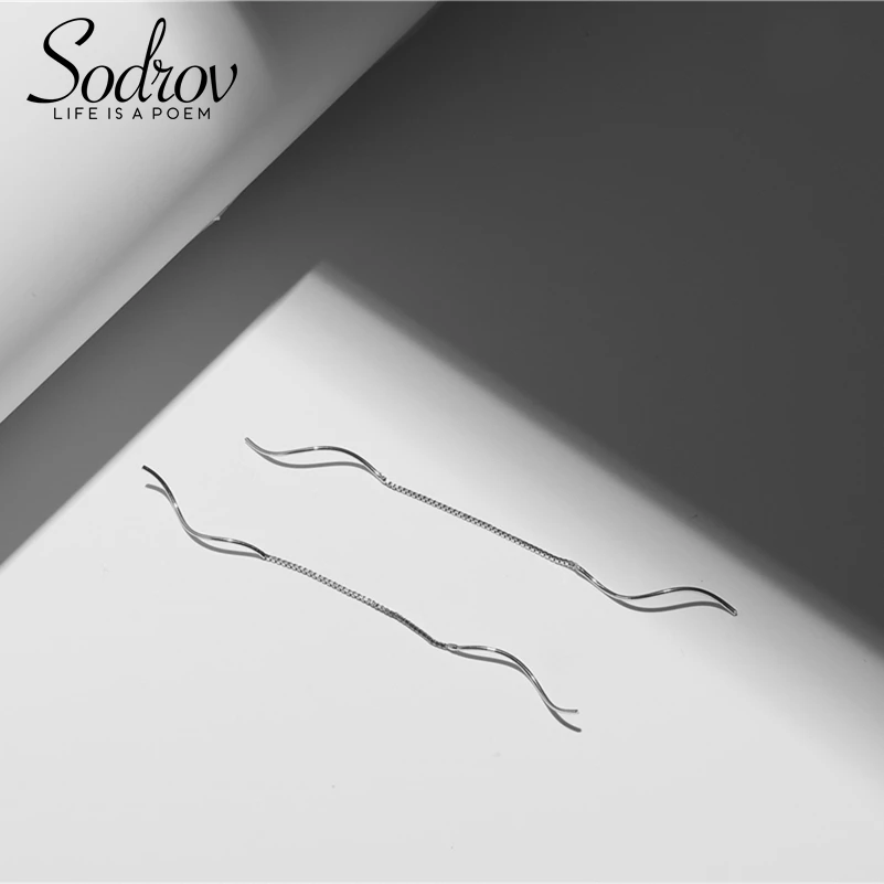 SODROV 925 пробы серебро простой Нитевдеватель Длинные линии серьги HE011
