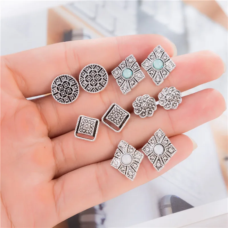 

5 Pairs/set Vintage Square Flower Stone Carved Stud Earrings Set Fashion Statement Piercing Jewelry For Women boucle d'oreille