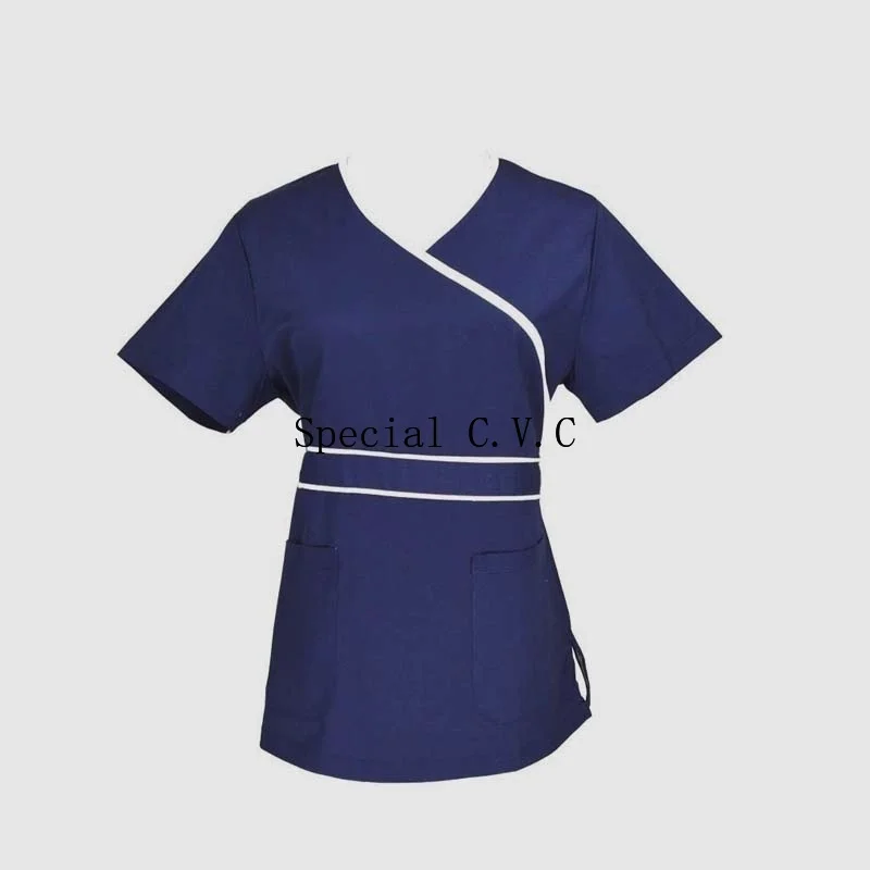 dark blue top Женская медицинская форма скраб-топ Макет Обертывание рубашка с регулируемой талией и назад галстук аптека клиника униформы(только топ - Цвет: dark blue top