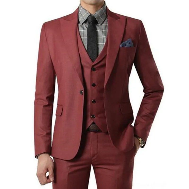 

Burgundy Suit Custom Made Wedding Suits Mens Tuxedos Grooms Shawl Black Lapel Prom Party Suit ( jacket+Pants+vest)
