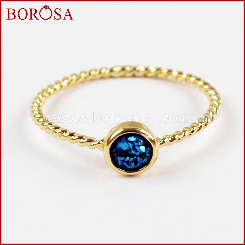 

BOROSA 10PCS Gold Color 4mm Drusy Round Natural Titanium Rainbow Druzy Bezel Ring, Mixed Colors Drusy Ring for Women ZG0284