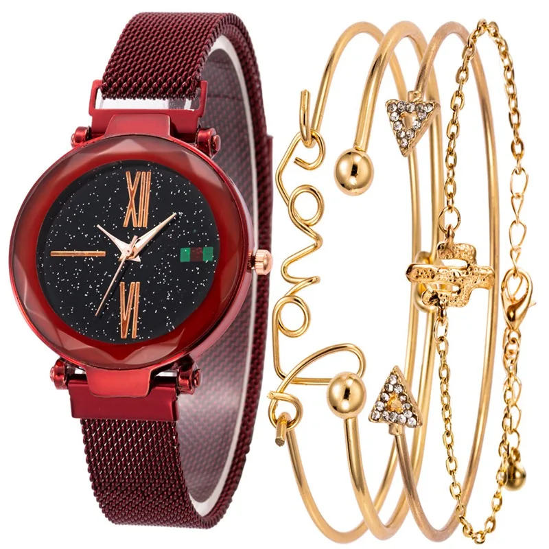 Красный Bayan Kol Saati Montre Femme Женские часы 5 шт./компл. роскошный бренд красочные звезды Мода Молодых Девушек браслет часы Reloj - Цвет: Красный