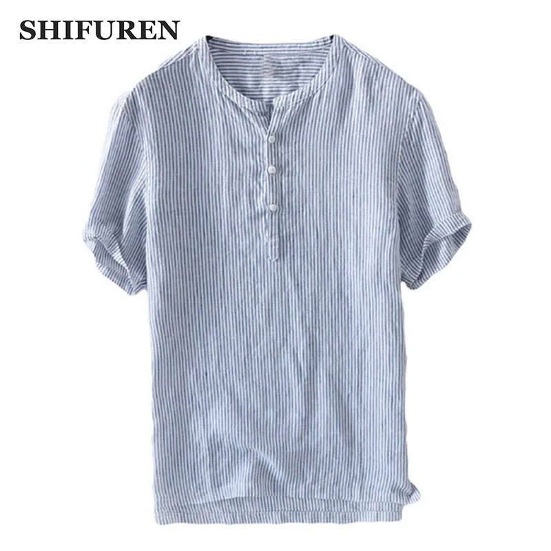 Рубашки SHIFUREN из чистого льна топы с коротким рукавом полосатые дышащие