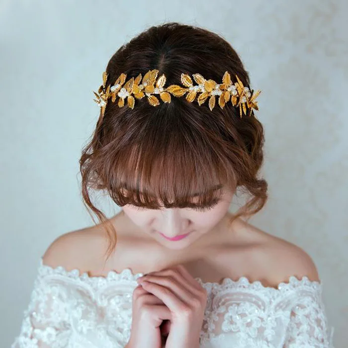 Корейский обруч для волос невесты ретро металлические листья Золотая Жемчужная