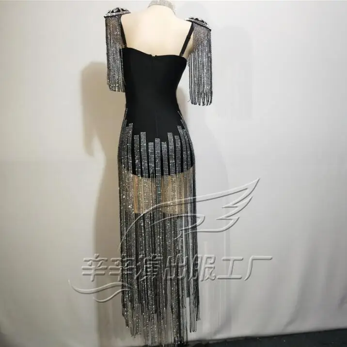 

Shop singer hosted thin cover arm thigh black white tassel shoulders jumpsuit Celebrate Outfit Performance Dress