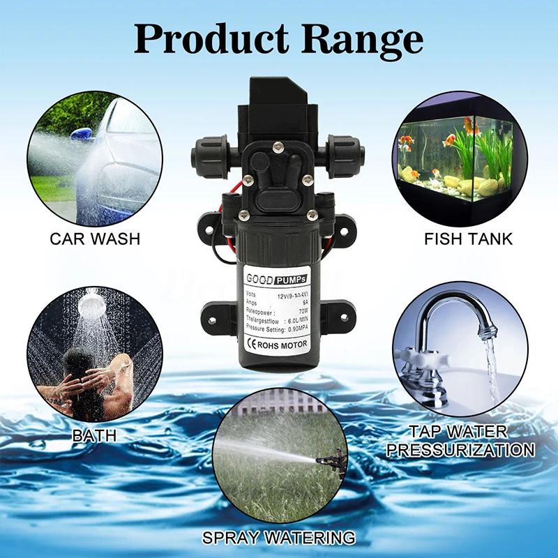 DC12V 70W 130PSI 6L/Min Water High Pressure Diaphragm Self Priming Pump Intelligent Switch Electric Car Wash MINI #251531 | Обустройство