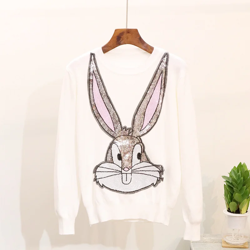 Cartoon Long Ear Rabbit AN MO YAN High Quality Black Women's Sweater Fashion Print Sequins Harajuku Loose Pullover Sweet Tops | Женская