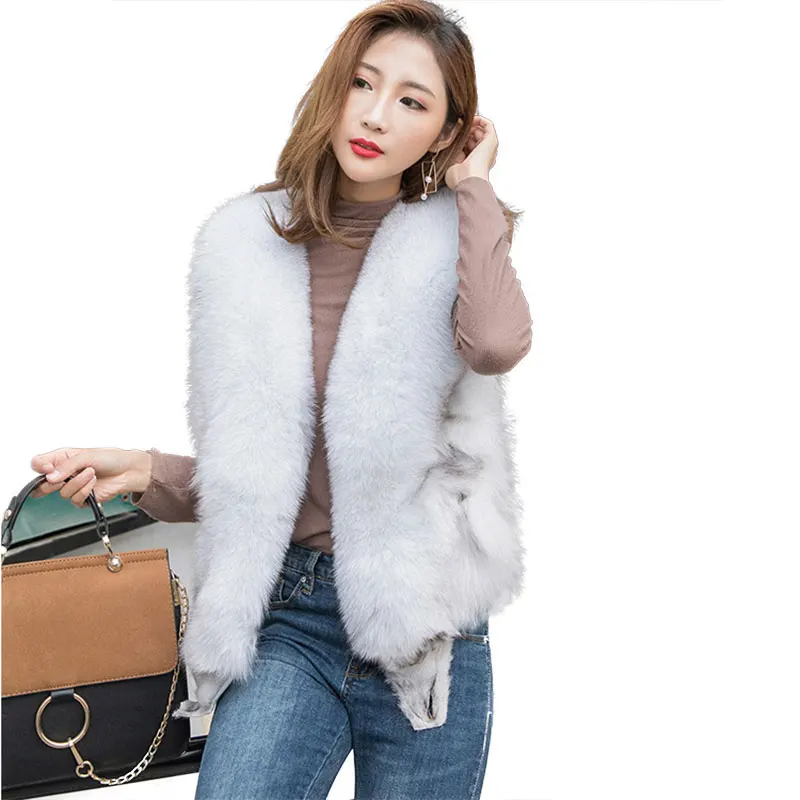 Зимний модный однотонный жилет без рукавов с лисьим мехом короткие женские