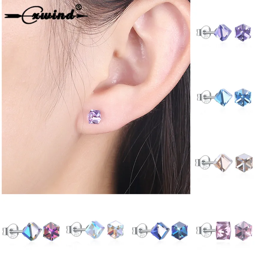 

Cxwind fashion 7-color women's earrings women's geometric square crystal shiny earrings pierced cubes Christmas gifts essential