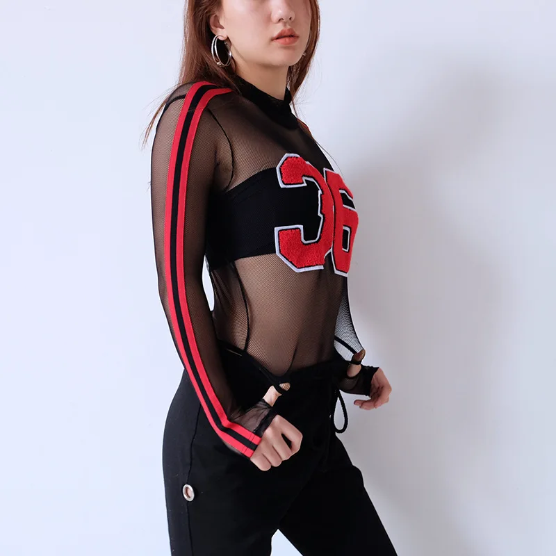 2018 модные женские туфли письмо сетки боди Леди с длинным рукавом дно Комбинезоны