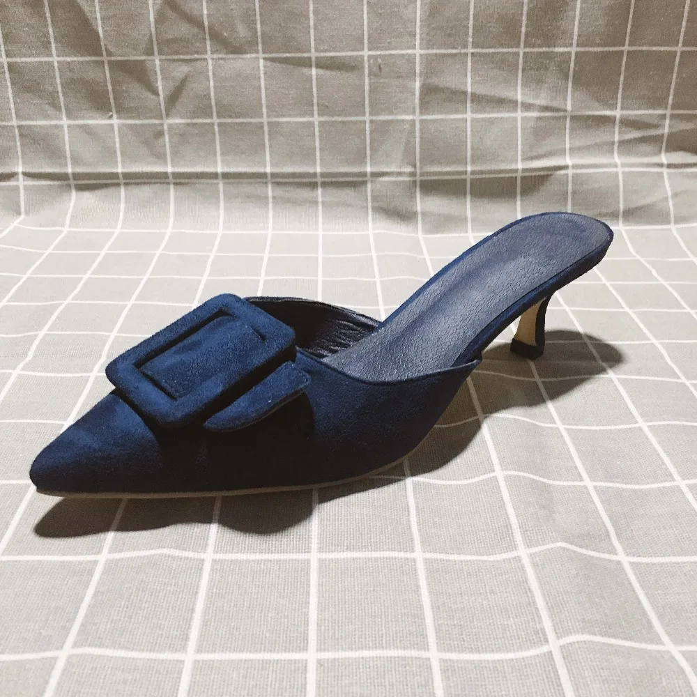 

Kmeioo Women Mules Pointed Toe Med Heels Buckle Loafers Female Sandlas Slip On Ladies Woman Shoes Dress Black Red Nude Blue