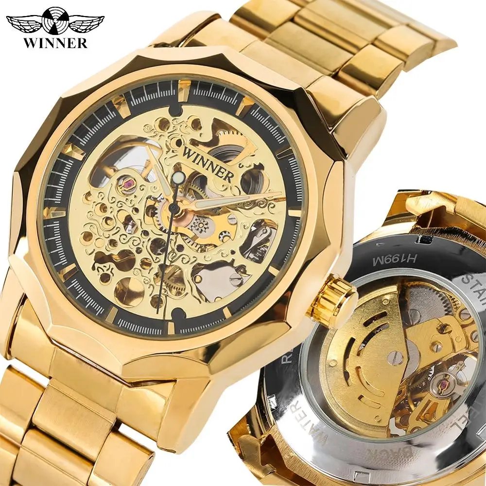 

Business Automatic Mechanical Watches for Men Stainless Steel Gold Band Mechanical Watch for Teenagers Skeleton Watch for Man
