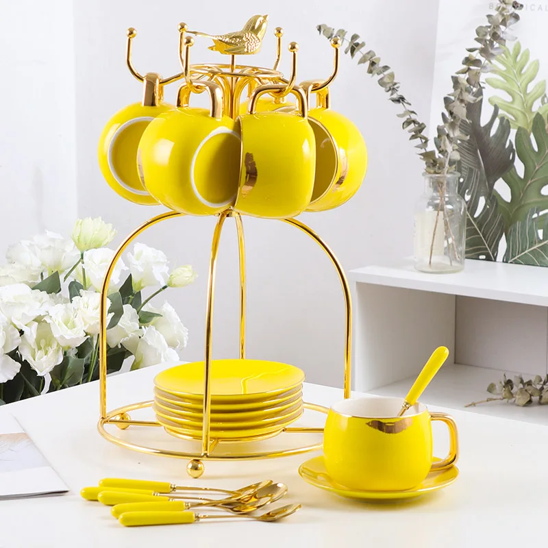 6-piece set Yellow Высокая-класс Кофе чашка Модный комплект одежды с принтом «губы» Кофе чашки фарфоровая чашка для чая наборы чашек и блюдца Набор кружек домашний, для напитков - Цвет: 6-piece set Yellow