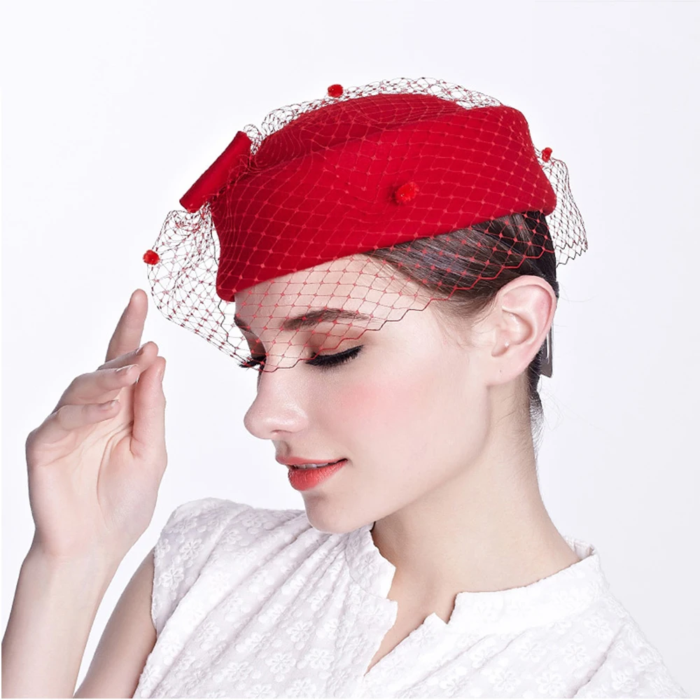 Fascinator Hats for Women Fedora Hats Black Red Autumn Winter Veil Wool Felt Pillbox Hat for Formal Cocktail Party Wedding Hat