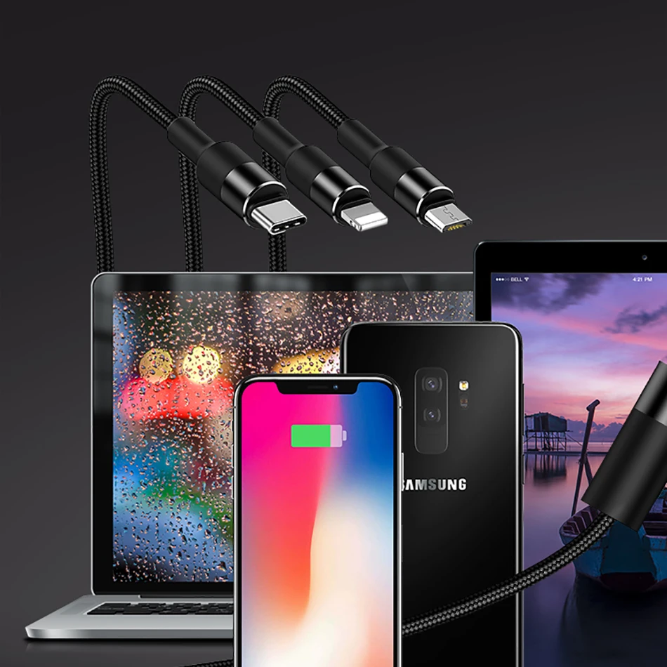 3 в 1 Кабели для мобильных телефонов, USAMS usb кабель usb-c для samsung нейлоновый Micro usb кабель для зарядки для iPhone x 8 type c кабель Шнур