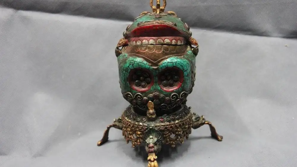 10 Tibet Buddhism Copper Bronze Gilt inlay turquoise Ruby beryl kapala skull cup | Дом и сад