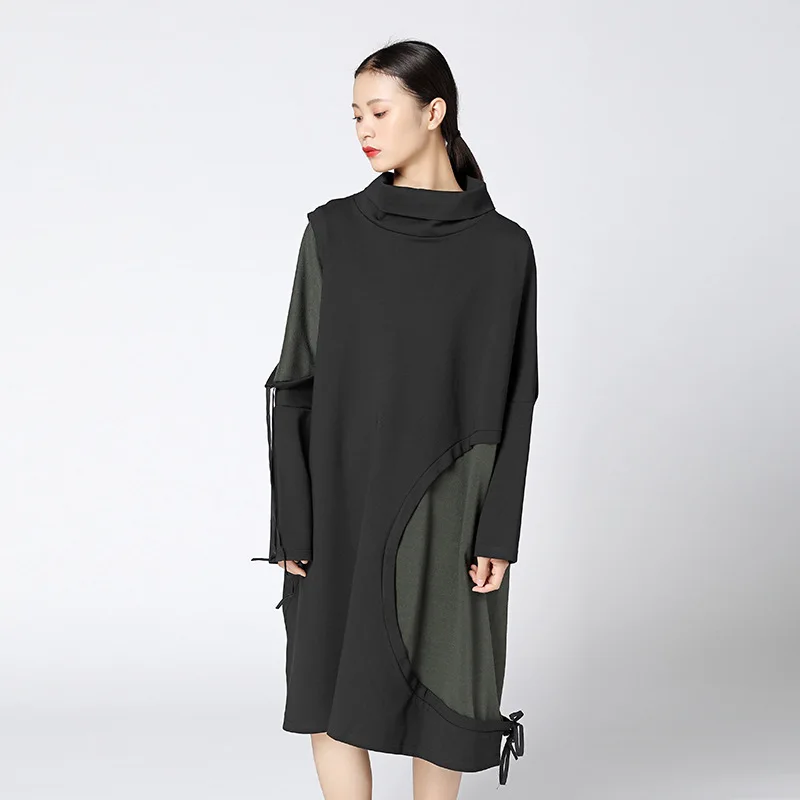 TWOTWINSTYLE Turtleneck Casual Dress Female Lace up Batwing Sleeve Patchwork Dresses Women Clothing Big Sizes 2018 Spring New | Женская