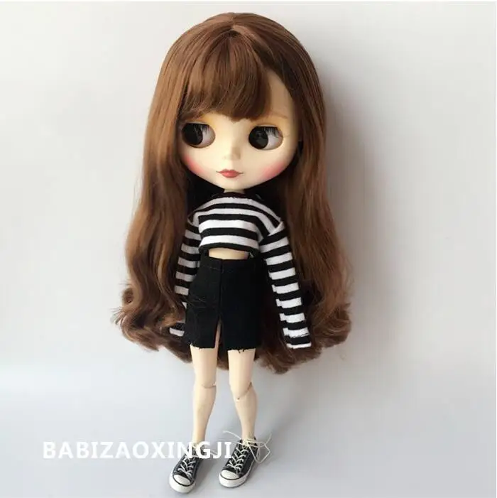 black T02-X204 Блит куклы 30 см 1/6 куклы азон Интимные аксессуары рубашка в полоску с джинсовая юбка 2 шт./компл - Цвет: black