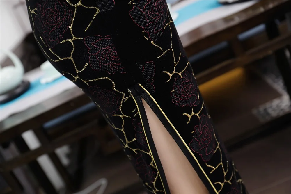 

Shanghai Story 2019 Autumn Chinese Cheongsam Dress Long Qipao Chinese Traditional Clothing For Woman Velvet Oriental Dress