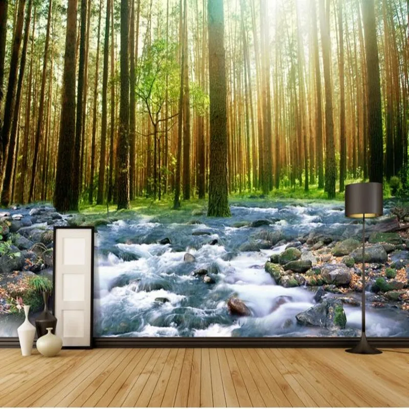 

Forest flowing water 3D stereo murals landscape background wall nature art theme wallpaper green theme wallpaper Beibehang