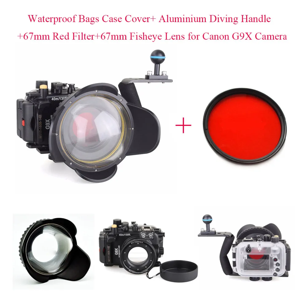 

40m/130ft Underwater Diving Camera Housing Case for Canon G9X + 67mm Fisheye Lens + Aluminium Diving Handle + 67mm Red Filter