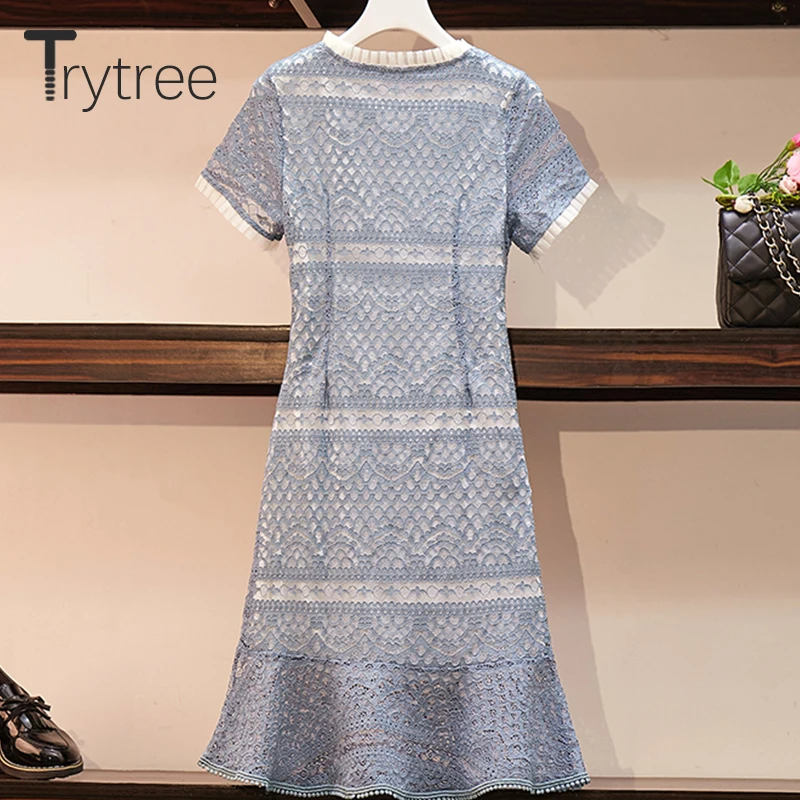 Trytree/летнее платье для женщин, повседневное, элегантное, с круглым вырезом, кружевное, с вырезами, платья для офиса, леди, полиэстер, Русалка, оборки, подол, сексуальное платье
